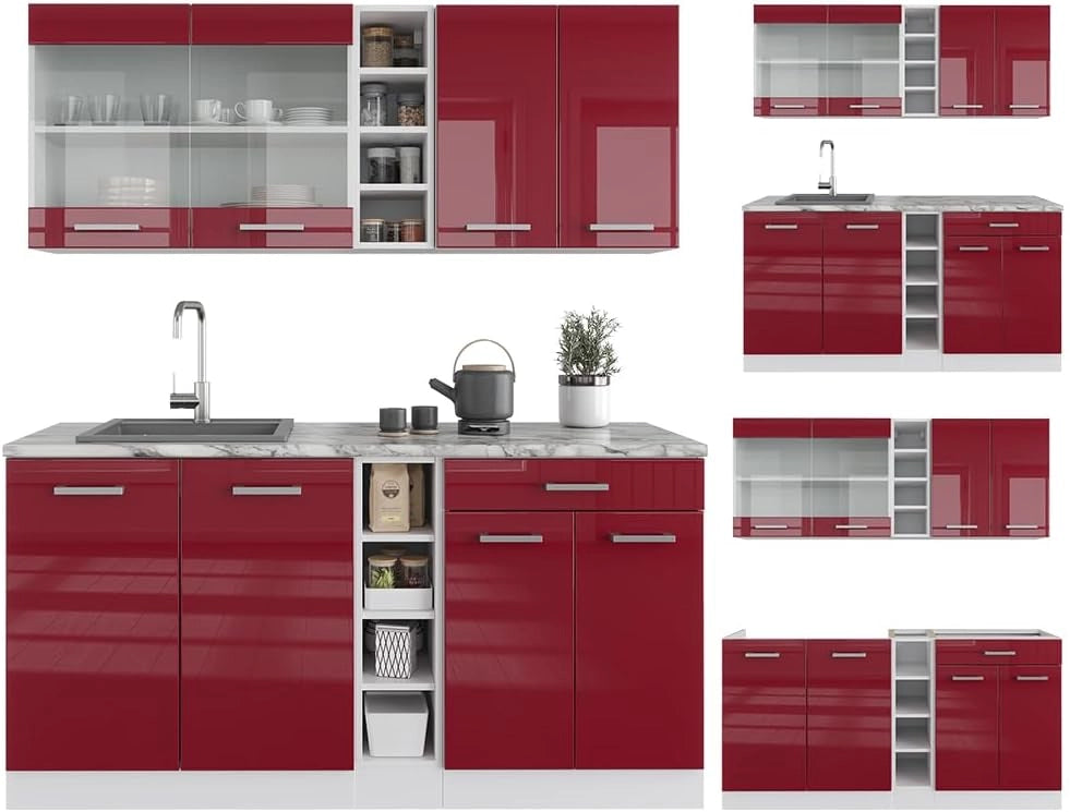 Cucina completa R-Line, Rosso lucido/bianco, 160 cm, PL Marmo, con disposizione flessibile dei moduli ed espandibile