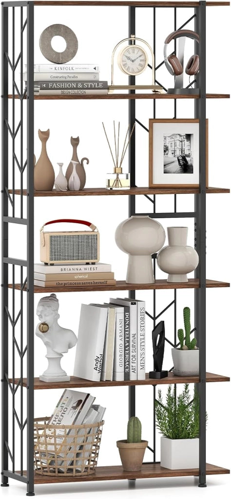 Libreria a 6 Ripiani, Libreria Geometrica Moderna con Telaio in Metallo, Scaffale da Terra con 2 Kit Antiribaltamento per Soggiorno Camera da Letto Studio, 80x31x180 cm (Marrone)