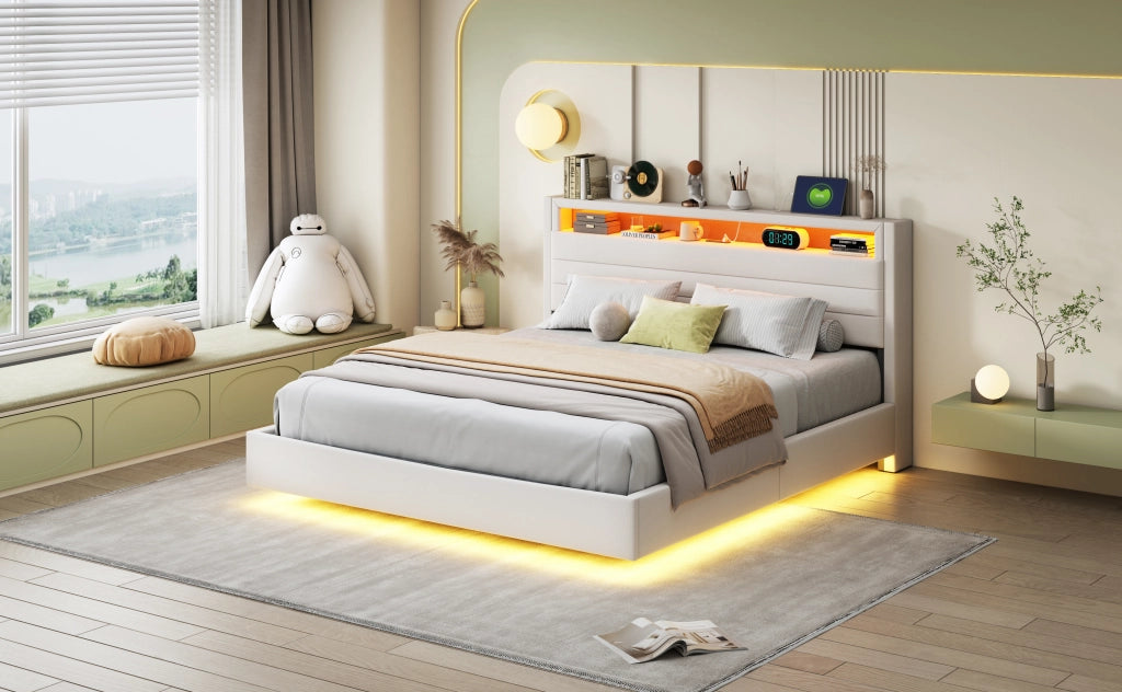 DESMIU Letto contenitore 160 × 200 cm 2 posti con USB, LED, testiera reversibile, senza materasso, beige