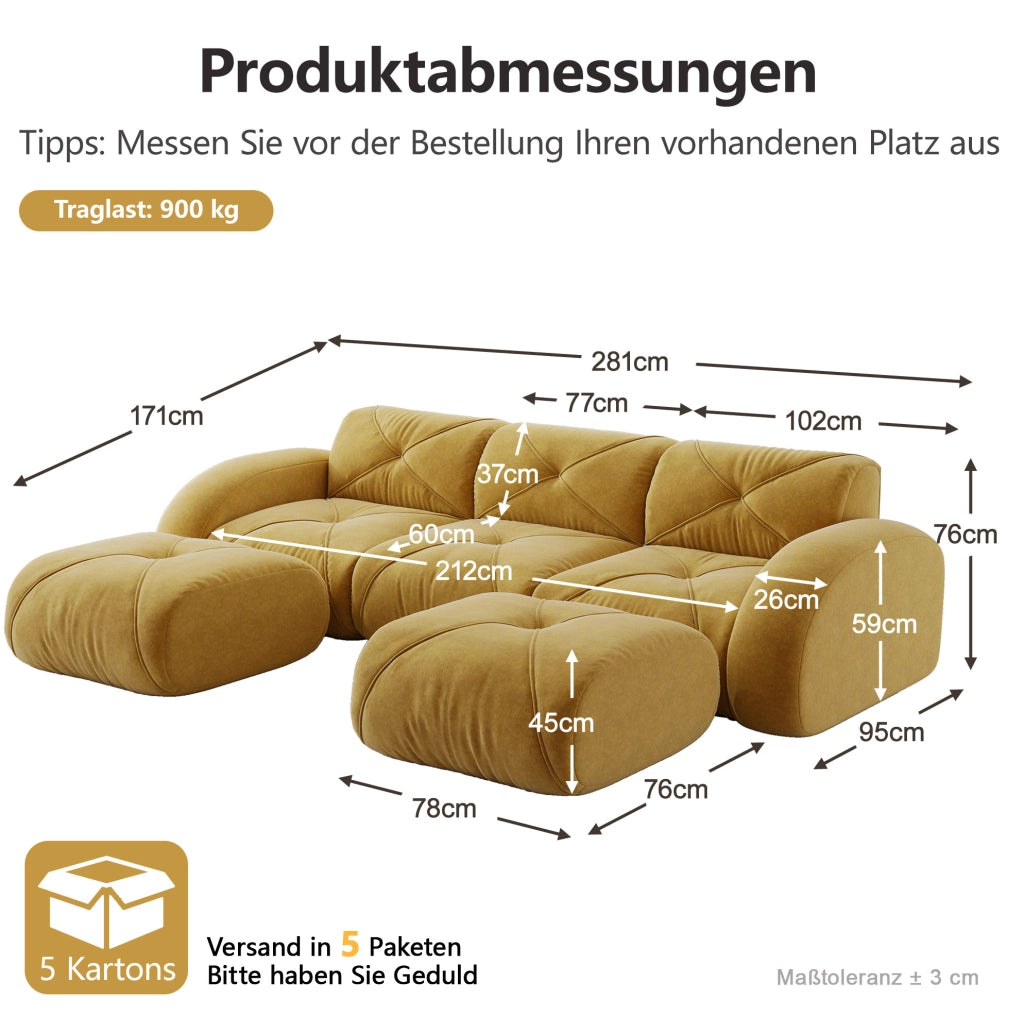 Divano modulare senza struttura in chenille giallo; imbottitura in schiuma 32D e design flessibile