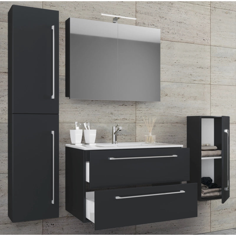 Completo Set bagno 5 pz Mobile sosp 2 casetti con Lavabo XL in ceramica incl 1 Colonna 1 mobile sosp e mobile specchio, Nero