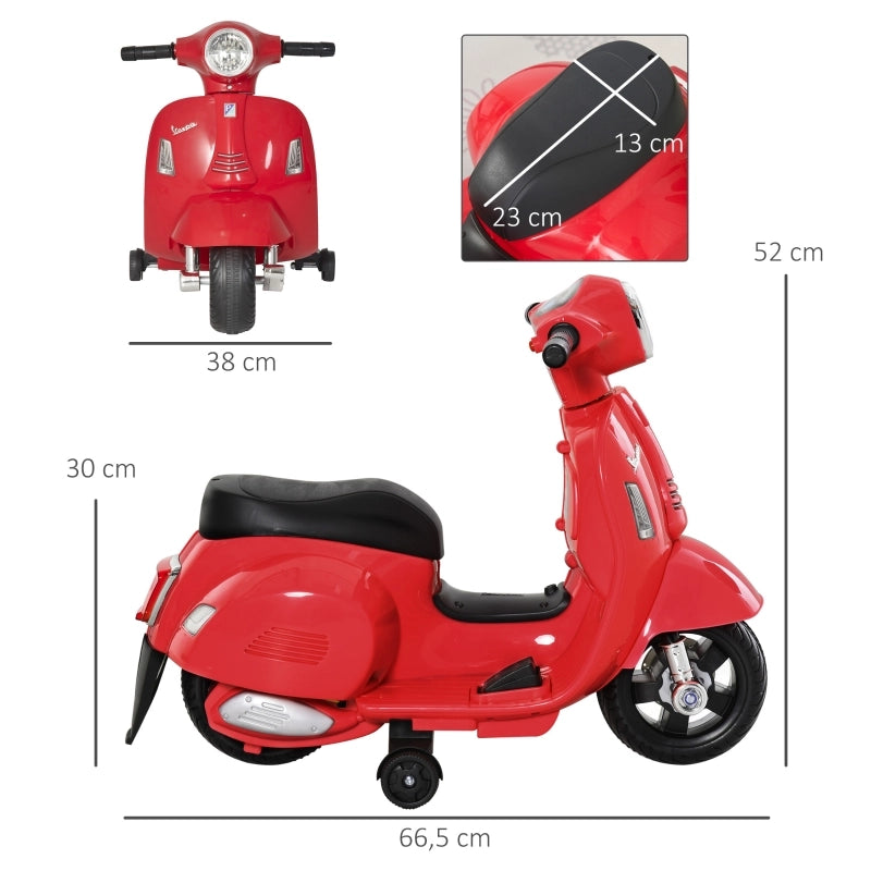 Vespa, moto elettrica per bambini, con luci a LED e suoni, adatta a bambini dai 18 ai 36 mesi, colore rosso.