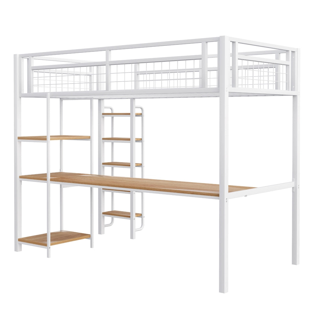 Letto a soppalco 90x200 cm con scrivania e ripiani in metallo bianco