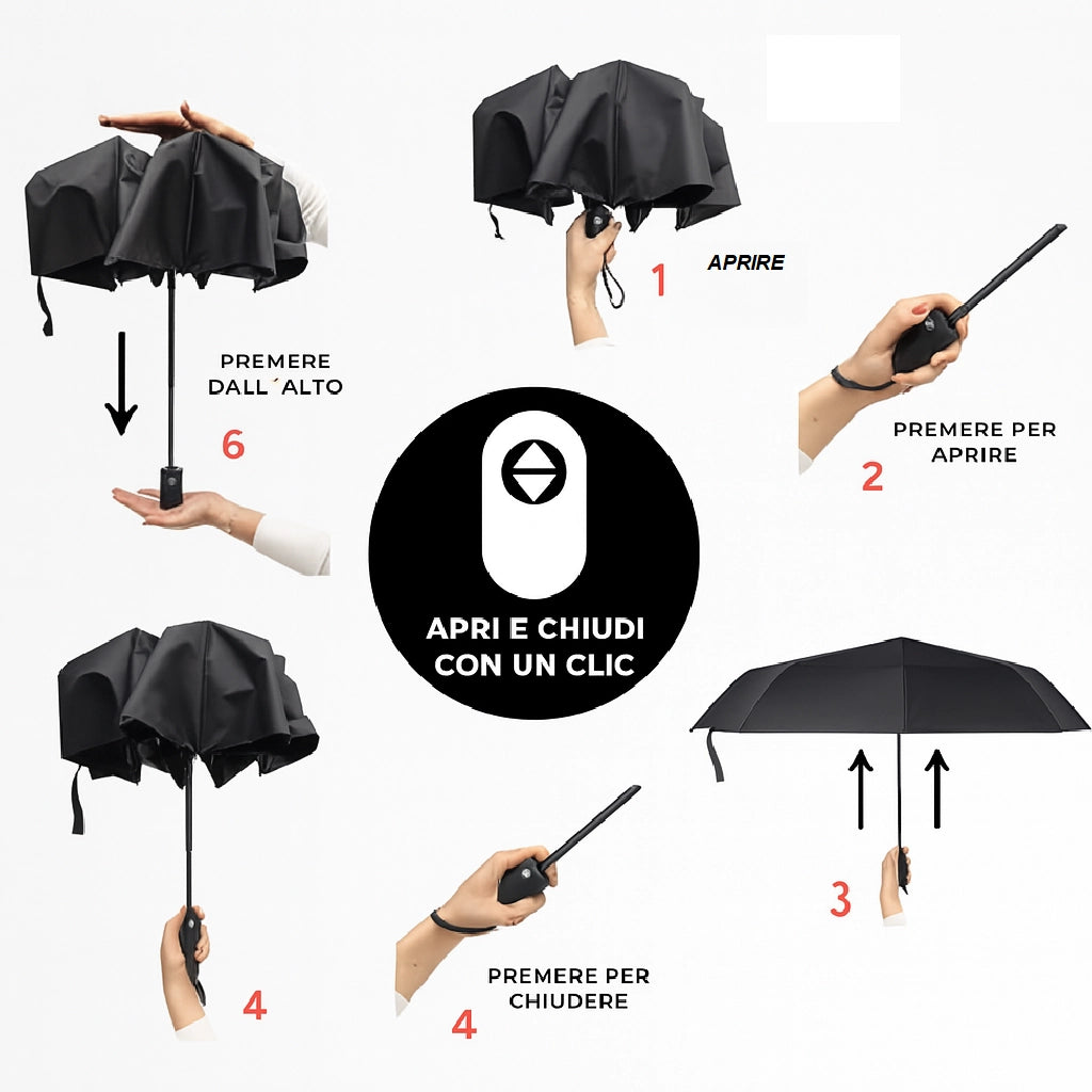 Kit 2 Ombrelli Mini Borsetta Apri e Chiudi con Gancio 8 Stecche Antivento in Fibra Uomo Donna