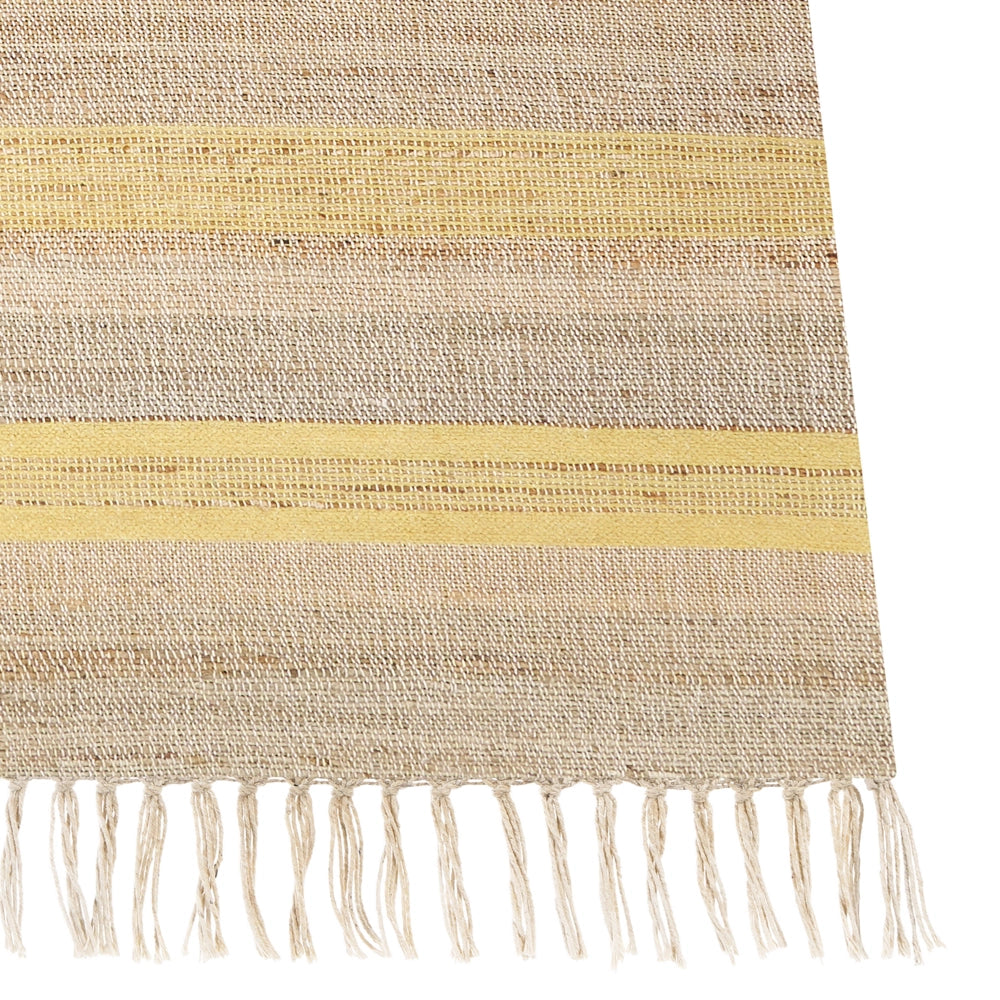 Tappeto in iuta beige e giallo con motivo a righe e nappe 160 x 230 cm soggiorno camera da letto stile boho