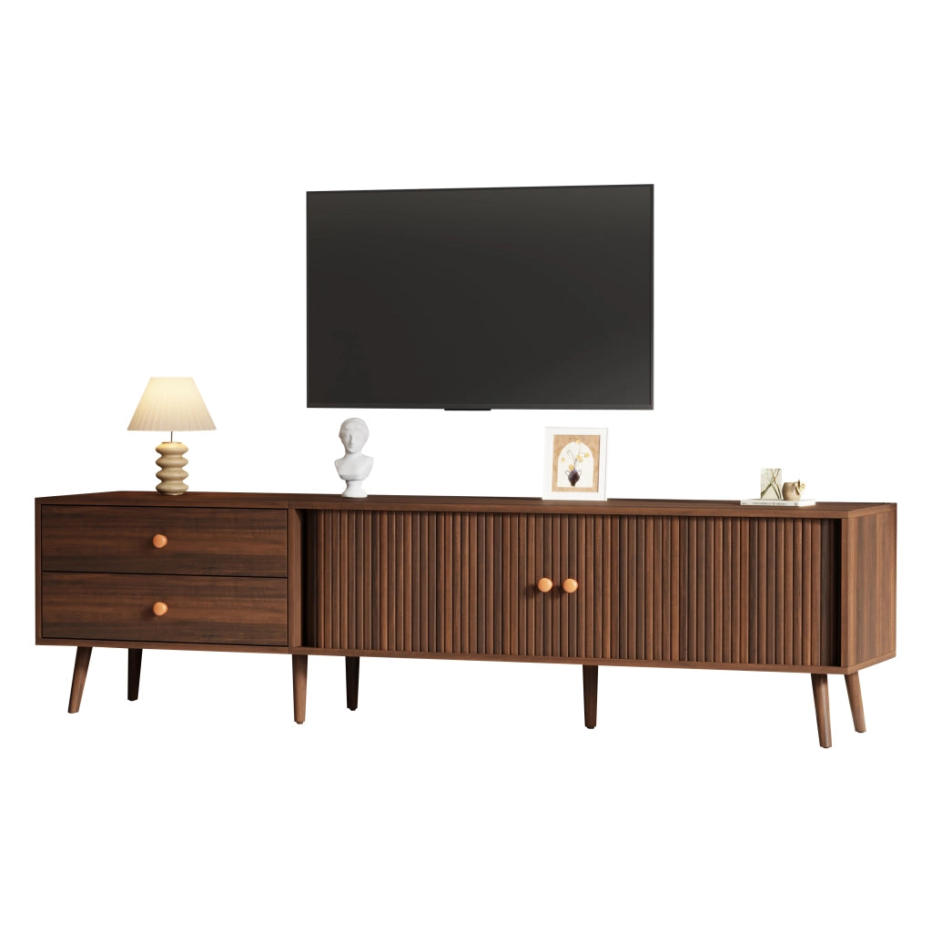 Mobile porta TV con 2 cassetti, 2 ante scorrevoli e 8 piedi, per soggiorno, in MDF, noce, 180 × 40 × 46,5 cm