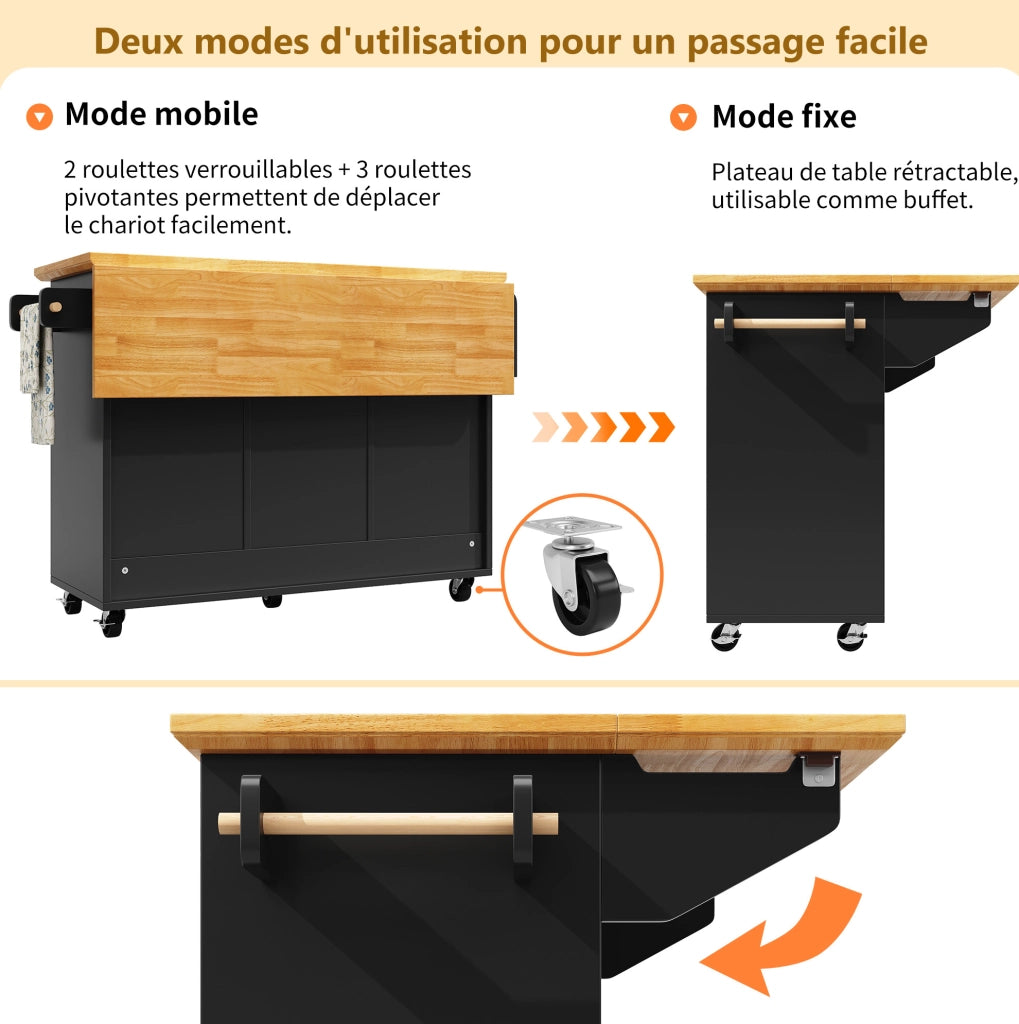 Isola da cucina mobile pieghevole con ruote; MDF e metallo; nera