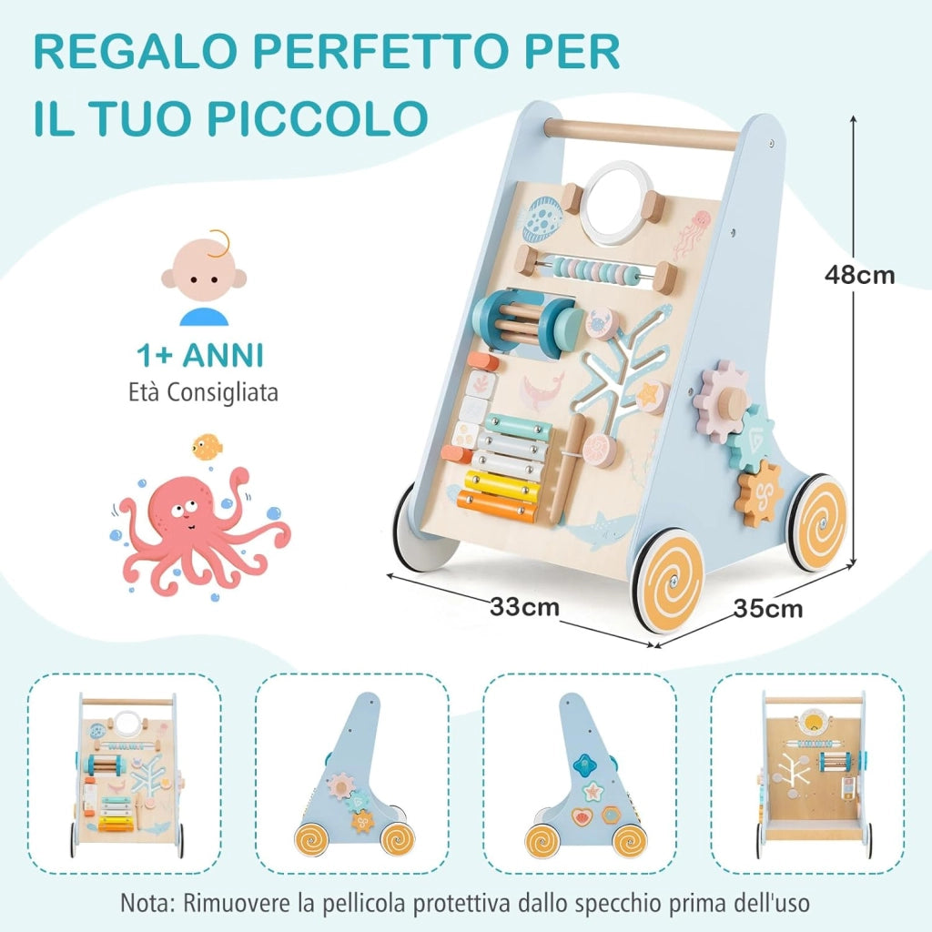 8 in 1 Carrellino Primi Passi, Girello in Legno per Bambini, Giocattolo Montessori con Ruote, Giocattolo da Spinta per Bambini 1+ Anni
