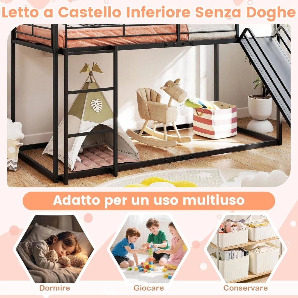 Letto a Castello per Bambini 90x200 cm, Letto Montessori con Scivolo Scala, Struttura in Metallo e Sponda di Sicurezza, Forma di Casa, senza Bisogno di Rete a Molle, Portata 110 kg (Nero)