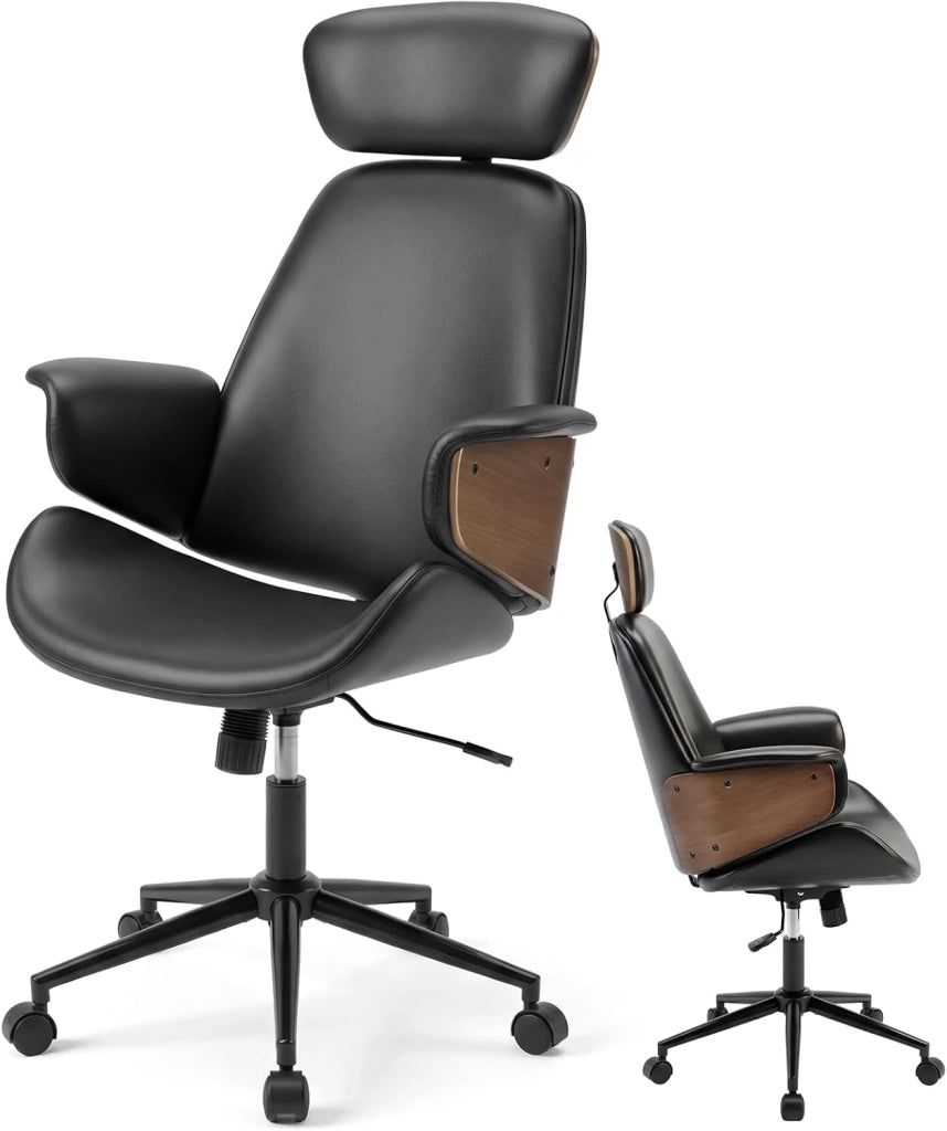 Sedia con Braccioli da Ufficio, Sedia da Scrivania Ergonomica in Pelle Sintetica con Schienale Inclinabile, Comodo Poggiatesta e Morbido Cuscino, Regolabile in Altezza, Poltrona con Ruote