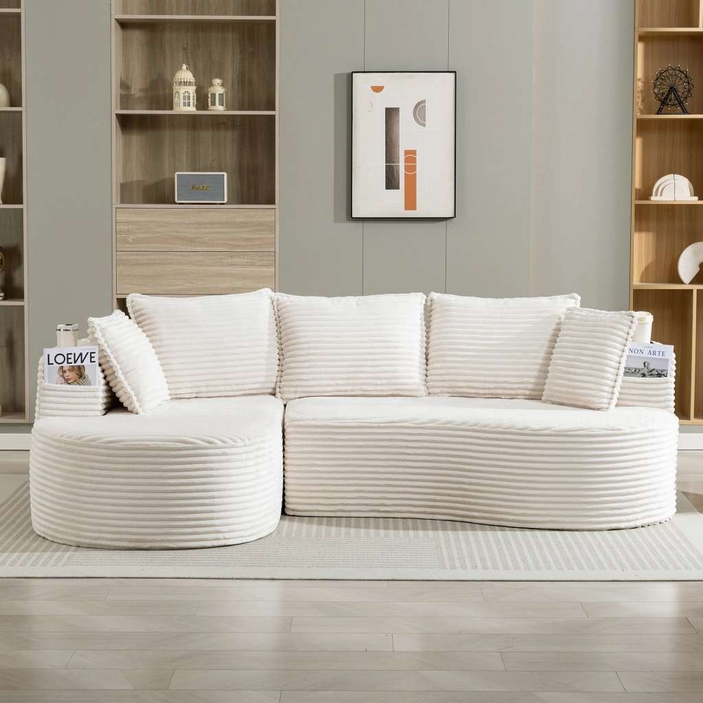 DIVANO ad arco 250x152x82 cm in velluto beige con portabevande e tasca laterale