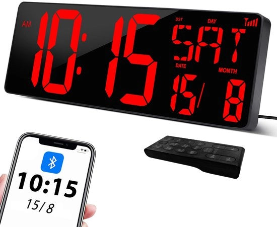Orologio da Parete 17'', Calibratore di Orario Bluetooth Automatico, Regolazione di Luminosità e Suono, Orologio da Parete Digitale con Orario, Data e Temperatura per la Casa, la Cucina, la Scuola