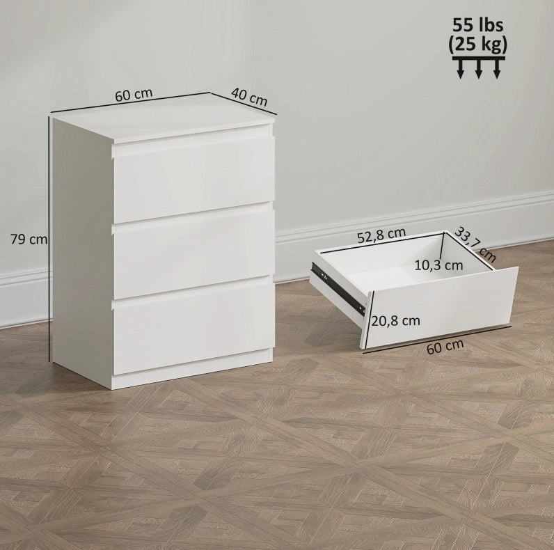 Cassettiera bianca a 3 cassetti in legno