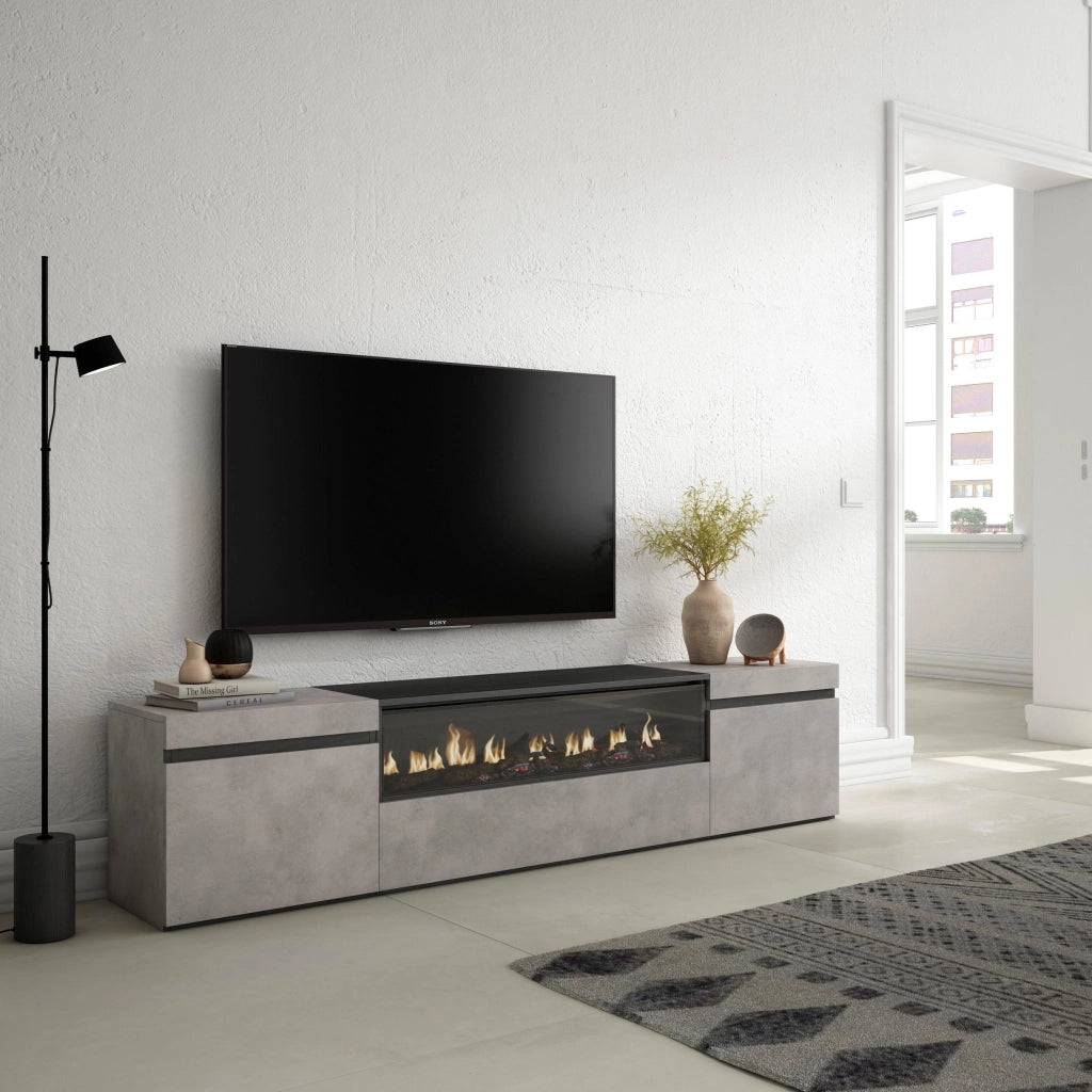 Mobile TV, 200x35x45cm, soggiorno, Per TV fino a 80", Camino elettrico, grigio cemento RF2223