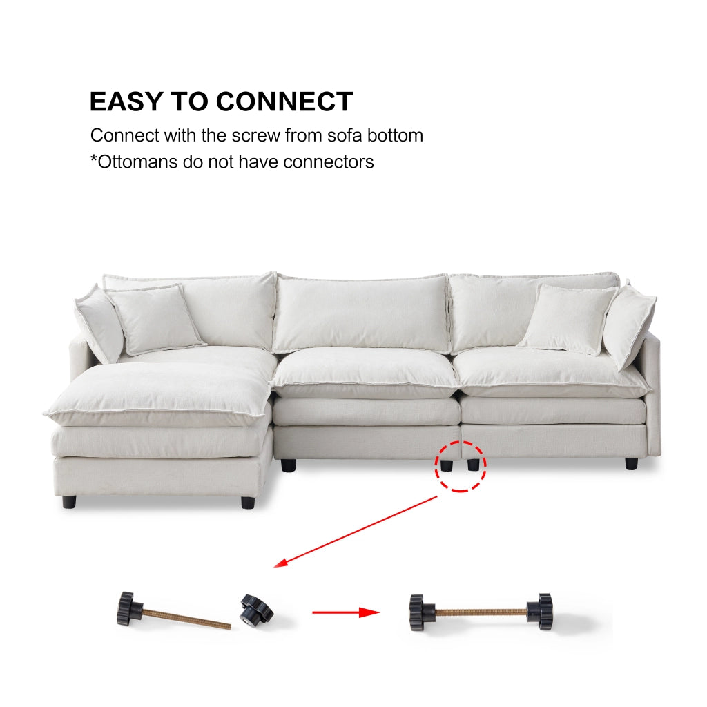 Divano angolare modulare in chenille con pouf mobile e 3 posti, struttura in legno massiccio, beige