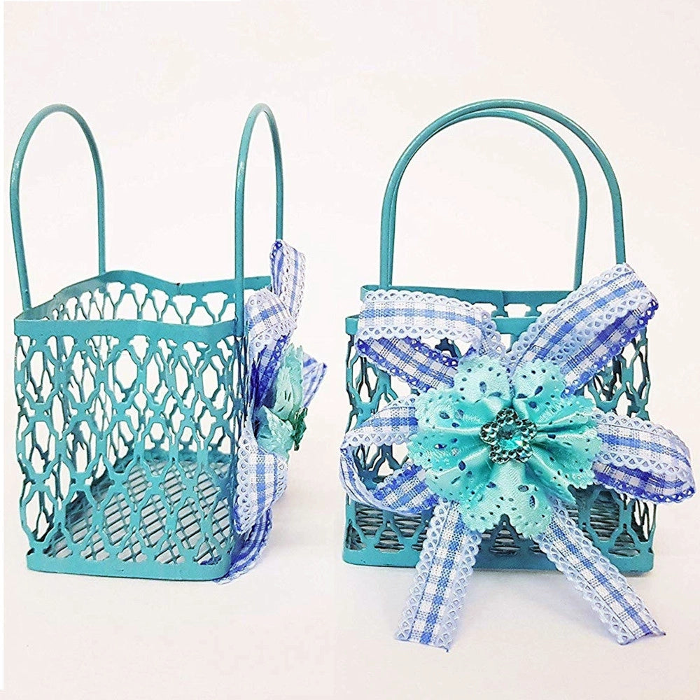 Trade Shop - 12pz Bomboniera Sacchetto Shoppers Metallo Azzurro Portaconfetti Nascita Comunione -