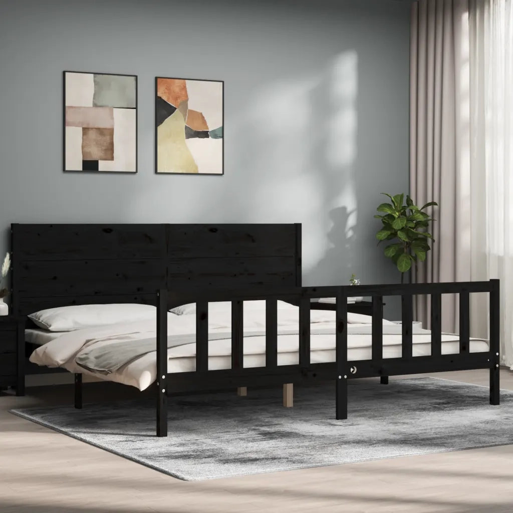 Giroletto con Testiera Nero 200x200 cm in Legno Massello 3192775