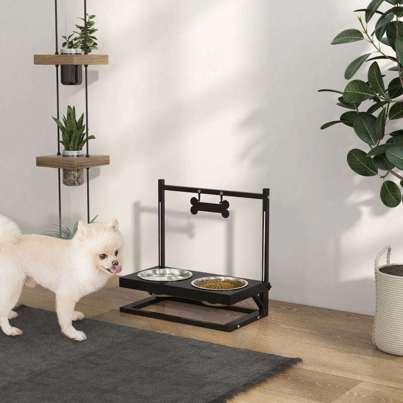 Stazione pappa per cani regolabile con 2 ciotole in acciaio inox, 40,5 x 22 x 39 cm, nero