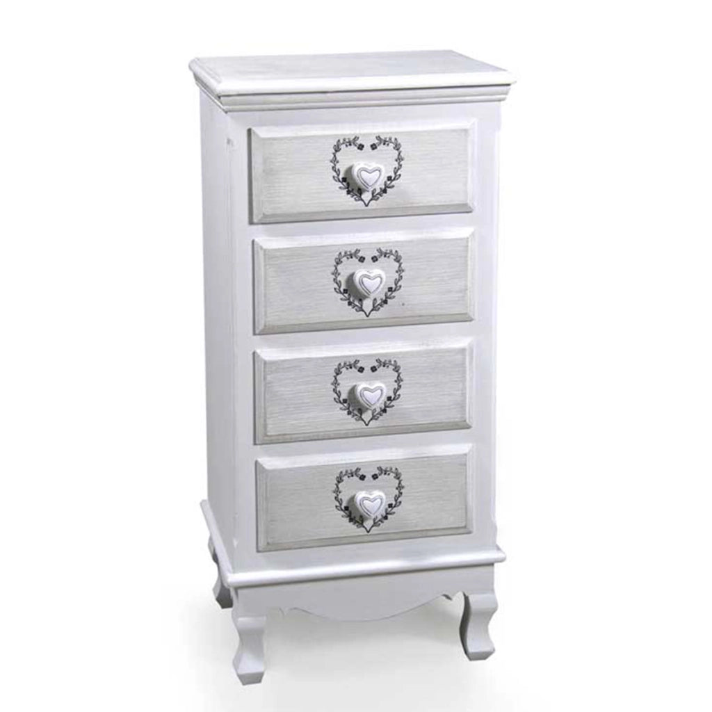VINCY CASSETTIERA CON DECORO CUORE A 4 CASSETTI 40X30X82 CM BIANCA