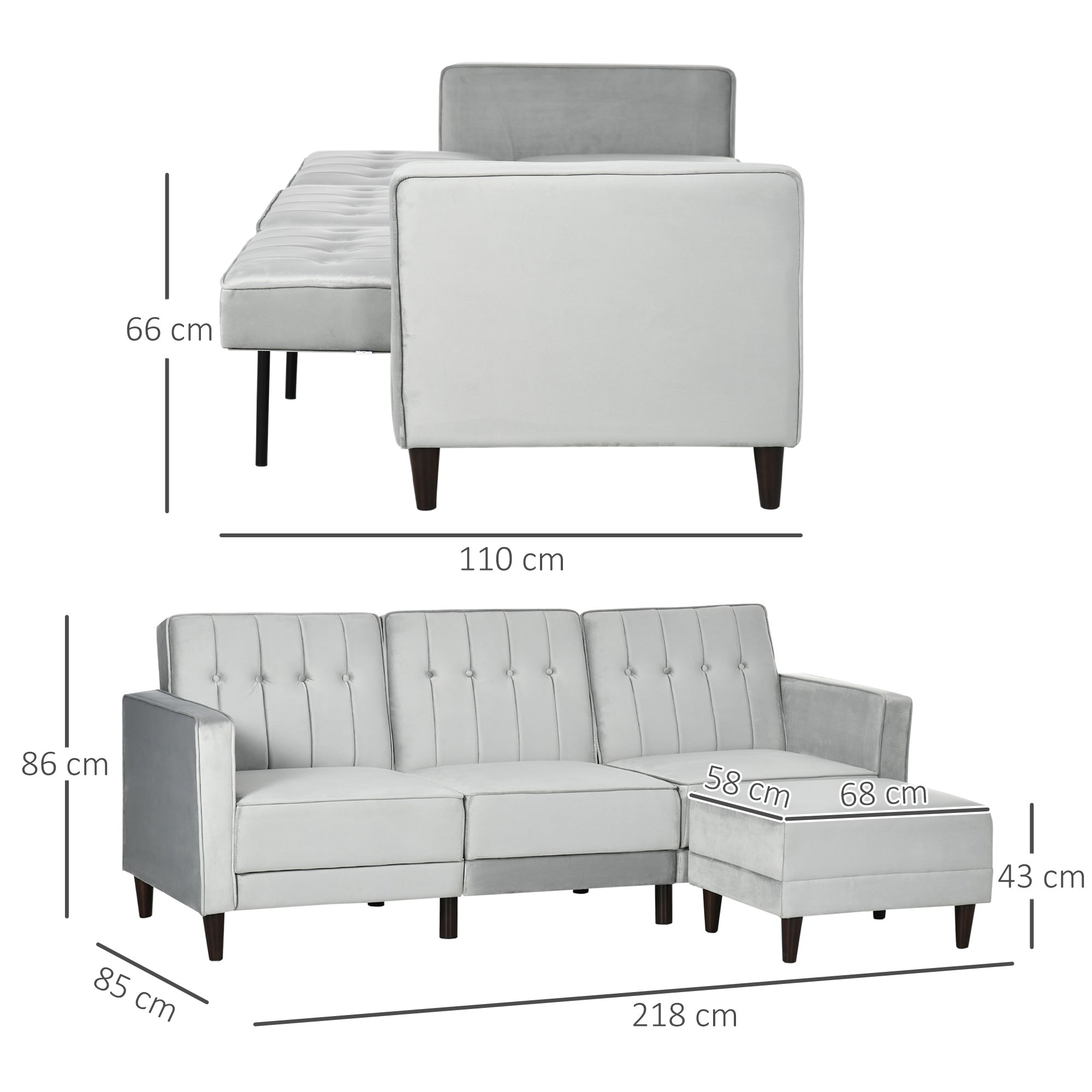Divano Letto 3 Posti 218x85x86 cm con Poggiapiedi e Schienale Reclinabile in Tessuto Effetto Velluto Grigio Chiaro