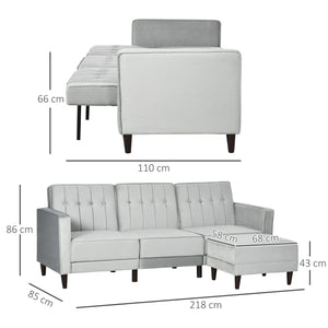 Divano Letto 3 Posti 218x85x86 cm con Poggiapiedi e Schienale Reclinabile in Tessuto Effetto Velluto Grigio Chiaro