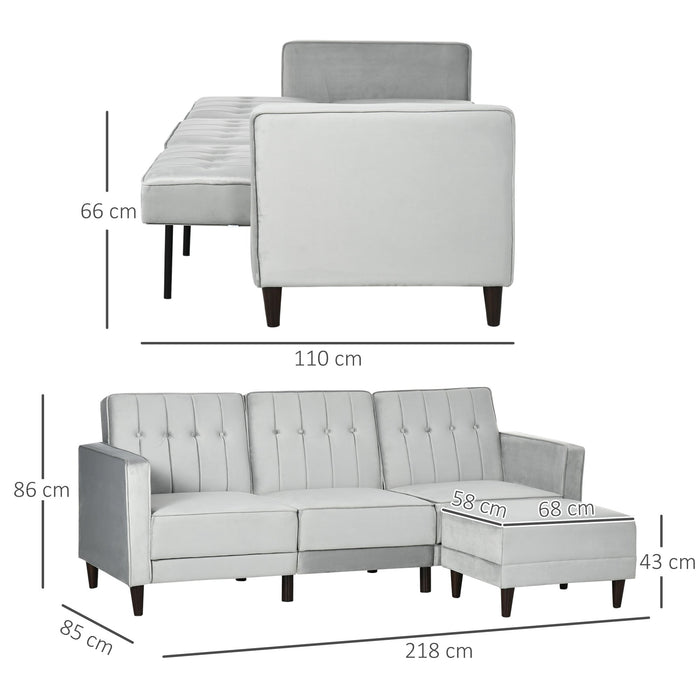Divano Letto 3 Posti 218x85x86 cm con Poggiapiedi e Schienale Reclinabile in Tessuto Effetto Velluto Grigio Chiaro