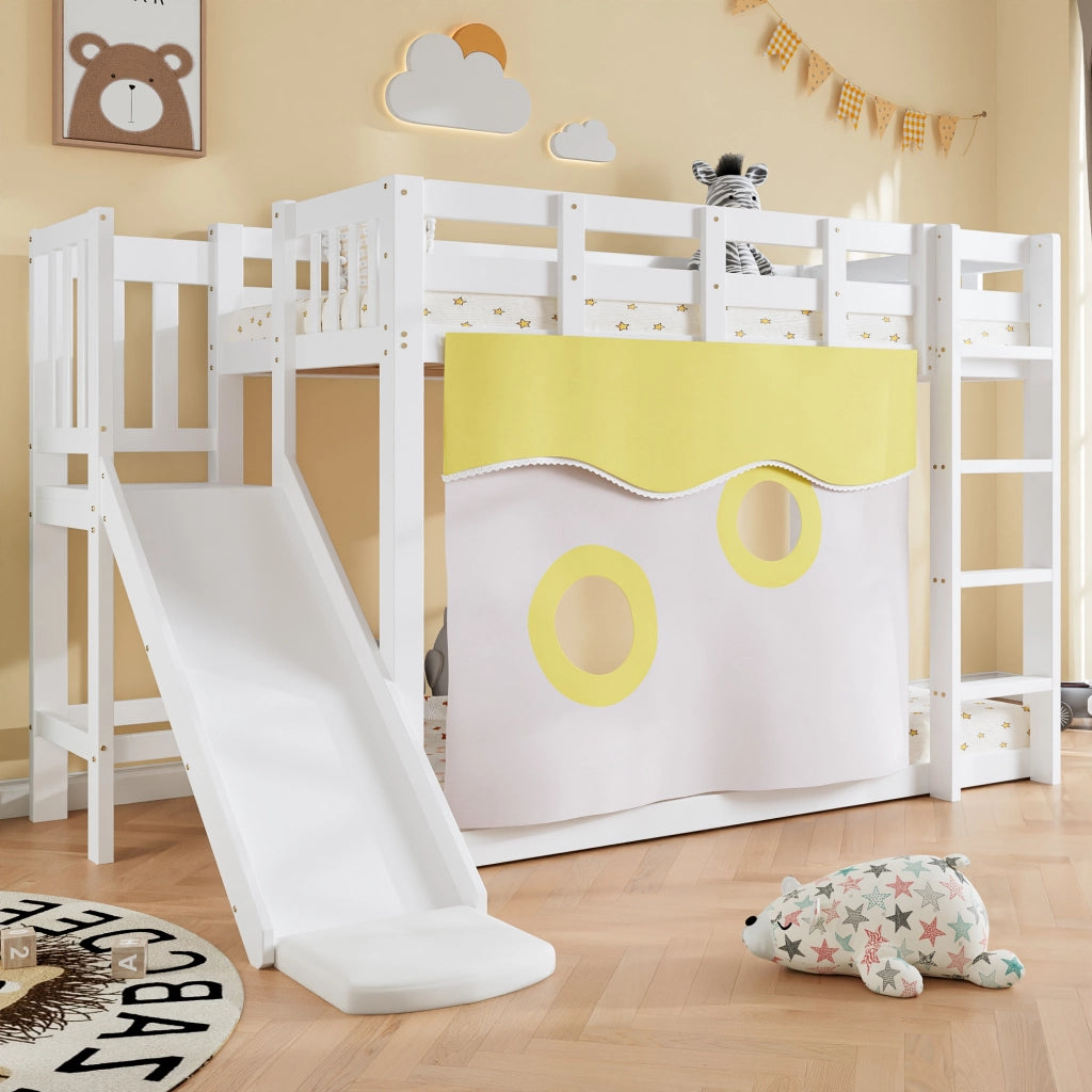 LETTO A CASTELLO 90x200 cm Bianco in MDF e Pino con scivolo e tende