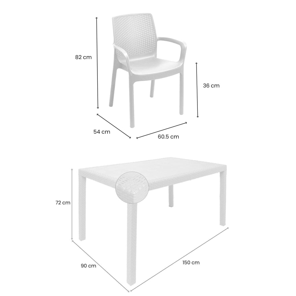 Set salotto da esterno Lograto, Salottino outdoor e indoor, Tavolo rettangolare fisso con 4 sedie impilabili, Made in Italy, Bianco
