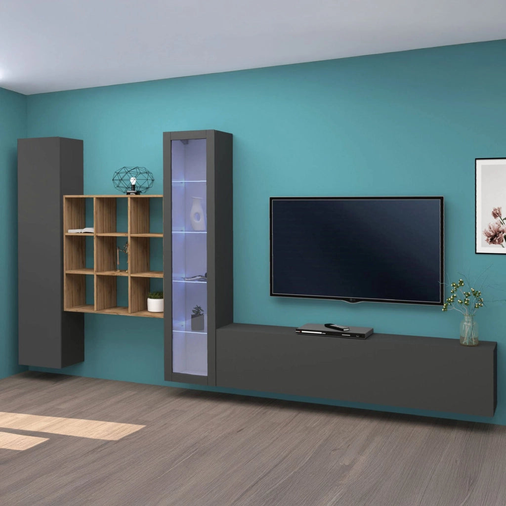 Emilio, Parete Attrezzata Modulabile Made in Italy, 30x310x180h cm Nero Antracite