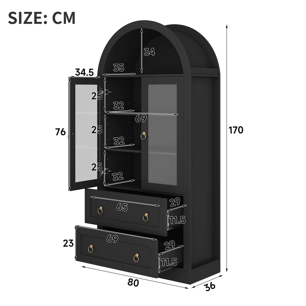 Credenza con ante in vetro, cassetti e ripiani regolabili per cucina e soggiorno, nero, 80 × 36 × 170 cm