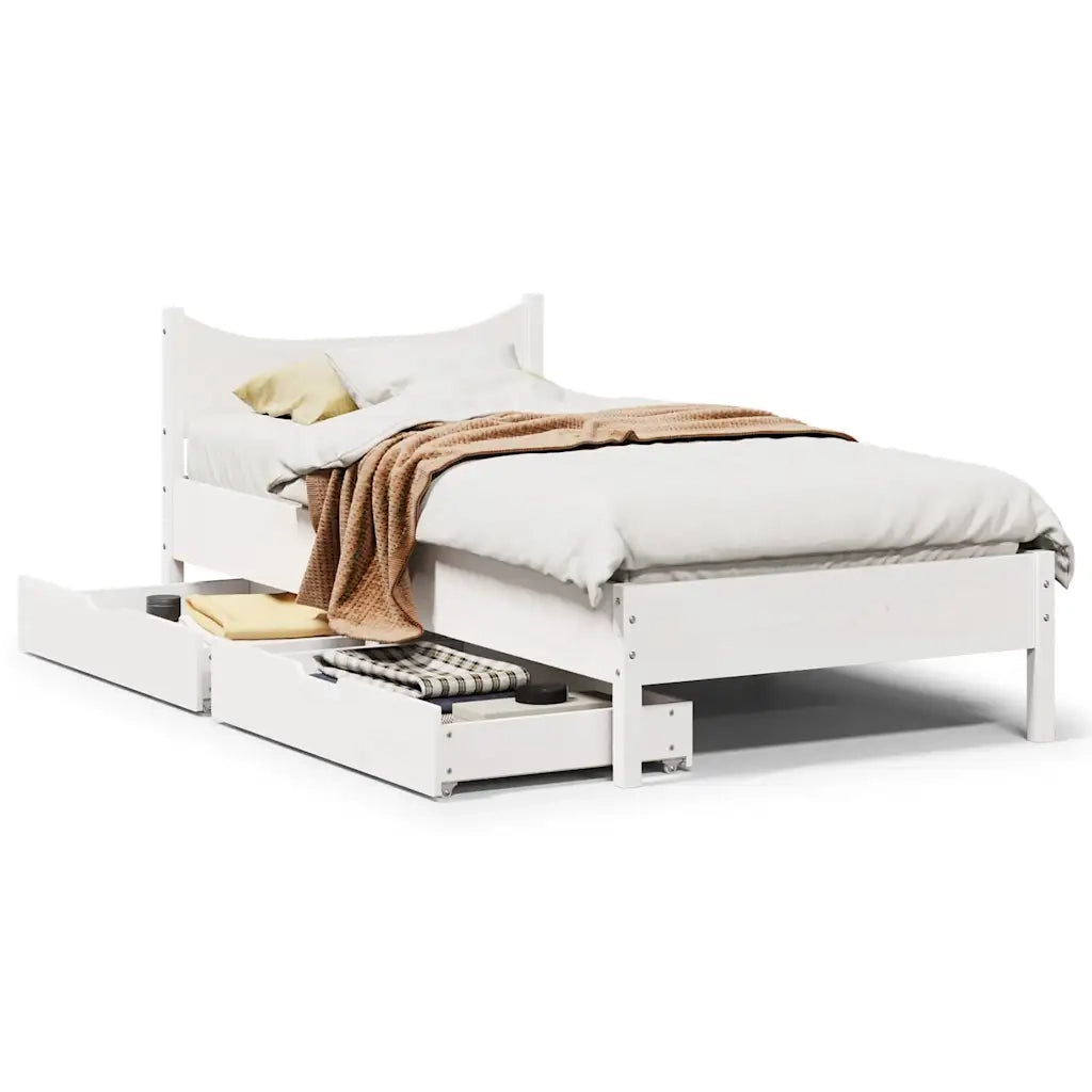 Letto singolo | Letto per adulti | Giroletto con Cassetti Bianco 75x190 cm Legno Massello di Pino