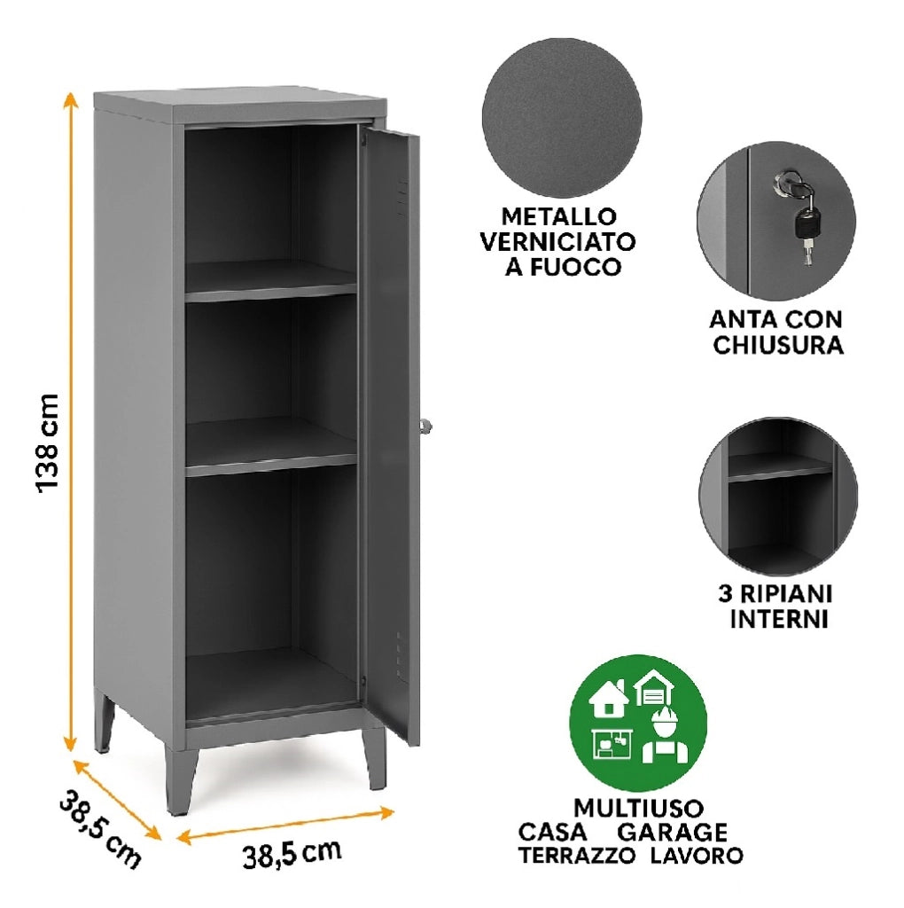 Armadietto Spogliatoio in Metallo con Chiave 1 Anta 3 Scomparti 138x38,5x38,5 Bianco