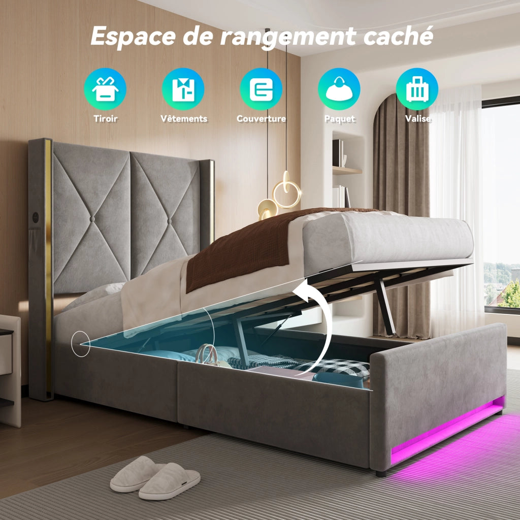 Letto Contenitore Singolo 90x200 cm con USB; Type-C; LED e Tasche; in Velluto; Grigio Scuro