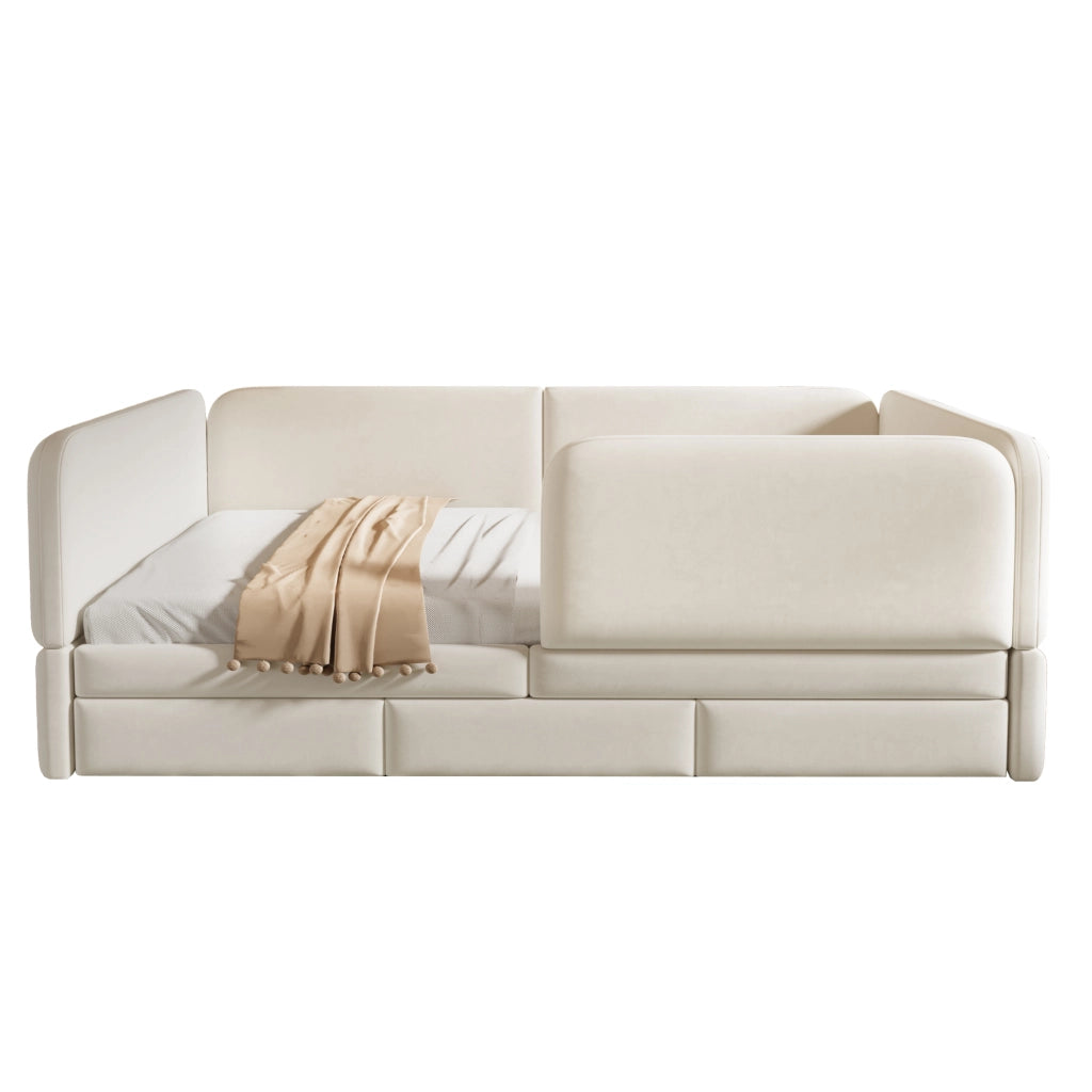 Letto per bambini imbottito 140x200 cm in velluto con sponde di sicurezza, cassetti contenitore, beige