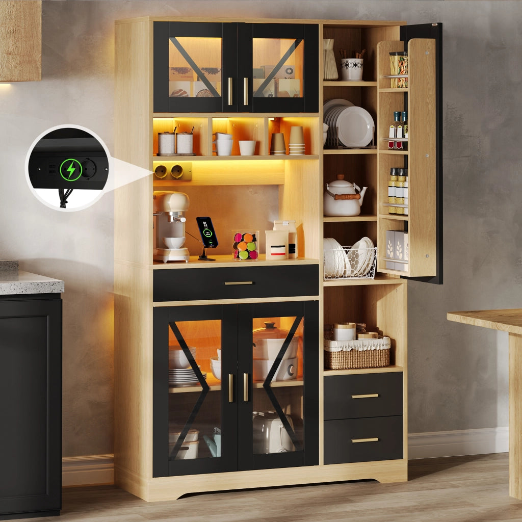 Credenza Alta Stile Rustico con LED, Ripiani e Cassetto ¨C Xylo ¨C 185x105x40