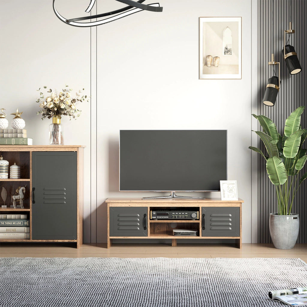 Mobile TV con ante metalliche e ripiani aperti ¨C Zephmum ¨C 109x35x38 cm Legno Naturale e Grigio