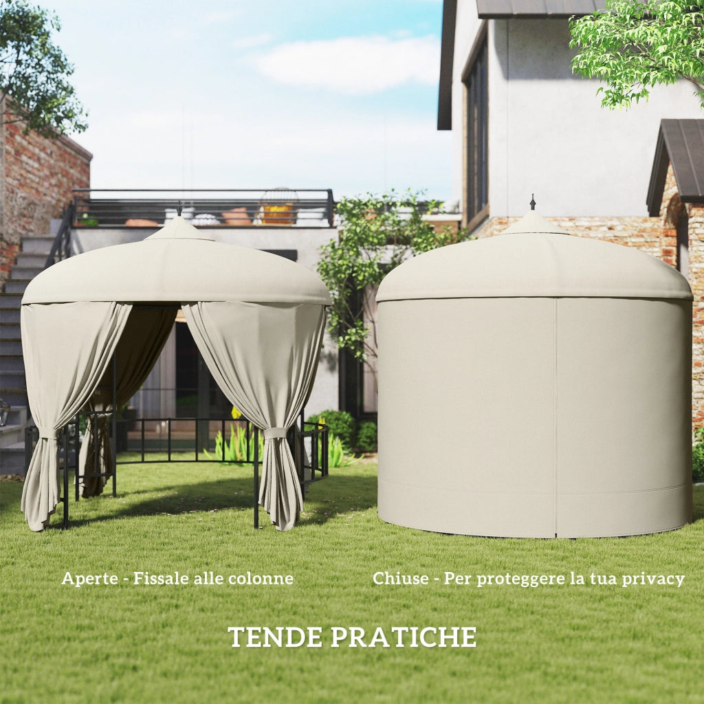 Gazebo da Giardino Rotondo ?3m con Tende e Prese d'Aria in Metallo e Poliestere, Beige