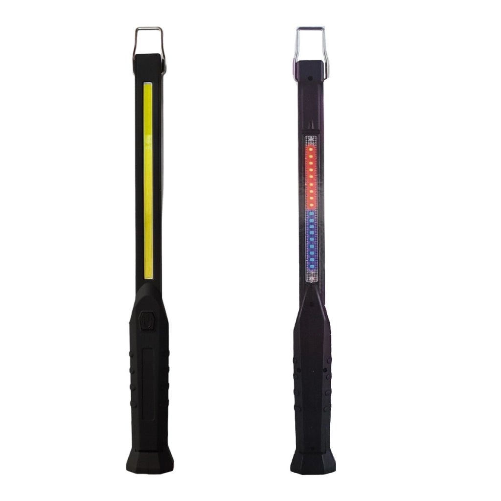 TORCIA LED PORTATILE LAVORO RICARICABILE MAGNETE GANCIO EMERGENZA ROSSO BLU COB