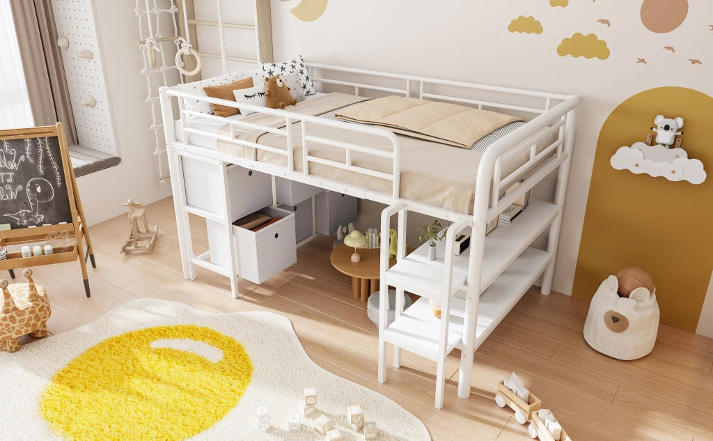 DESMIU Letto a soppalco basso per bambini 1 posto con scala larga, cassetti e ripiani, 90 × 200 cm, senza materasso
