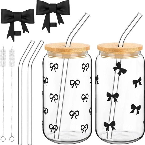 Set di bicchieri in vetro da 2 con coperchio a strisce e maniglia - nero - ideale per caffè, cocktail e altro - elegante e versatile