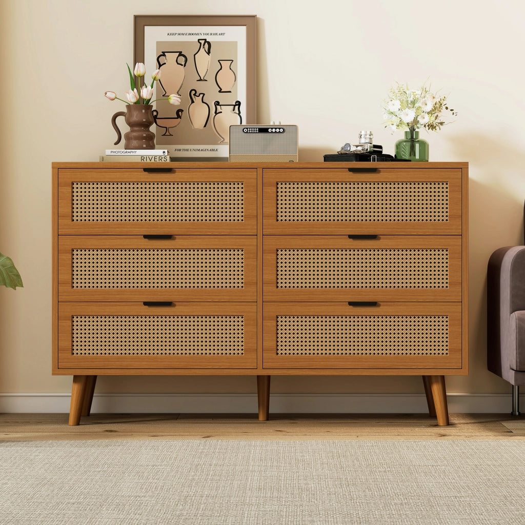 ?????ino a 6 cassetti in stile retrò con effetto rattan; 120 x 40 x 76;5 cm; noce