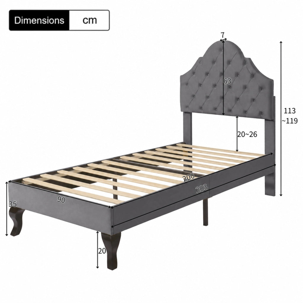 DESMIU Letto singolo 90 × 200 cm con testiera, senza materasso, in velluto, grigio