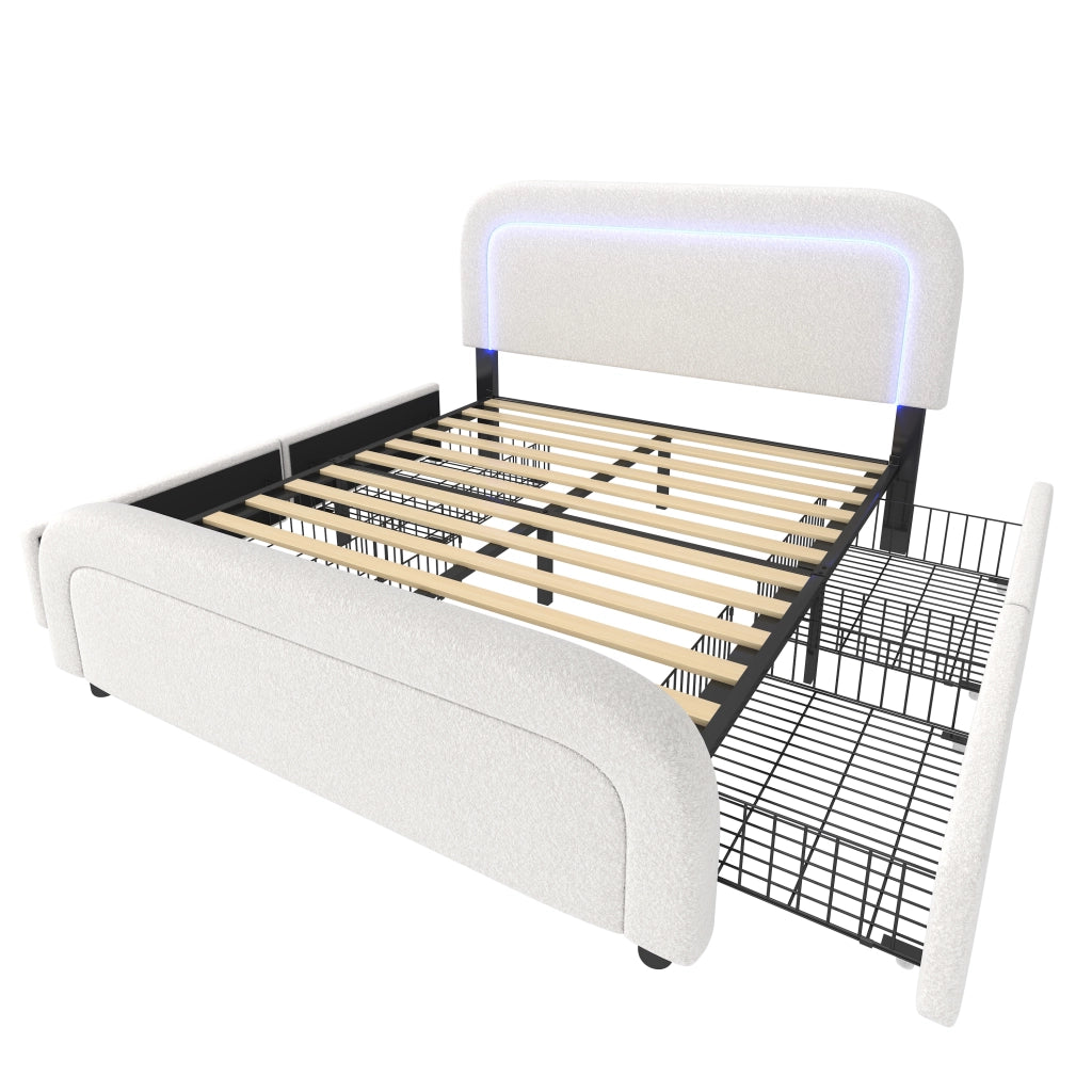 Letto Matrimoniale 160x200 cm; USB; Type-C; LED; 4 Cassetti; in Sherpa; Bianco