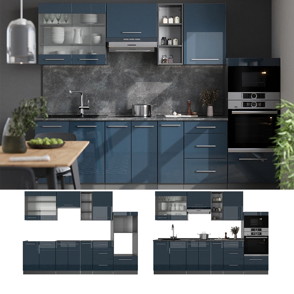 Cucina componibile Fame-Line Blu scuro lucido/Antracite 280 cm, PL Marmo Vicco