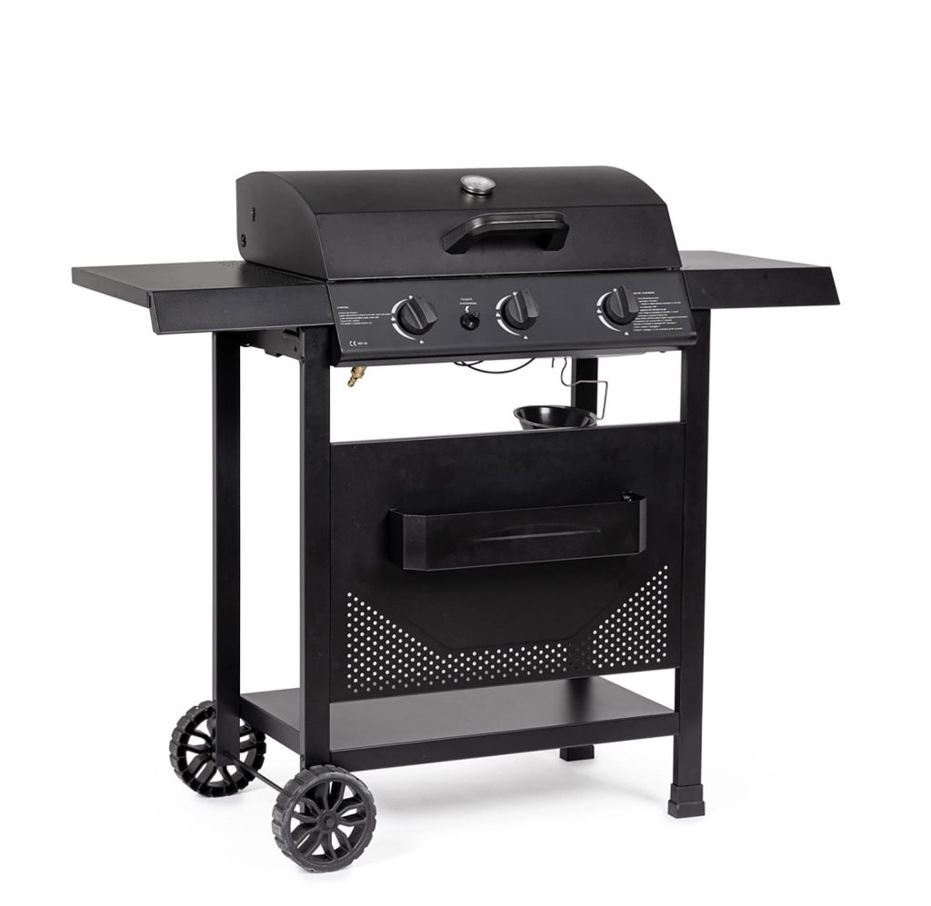 Barbecue a Gas 3 Bruciatori 109,5x51x98,7h cm Accensione Piezoelettrica in Acciaio Louis Nero