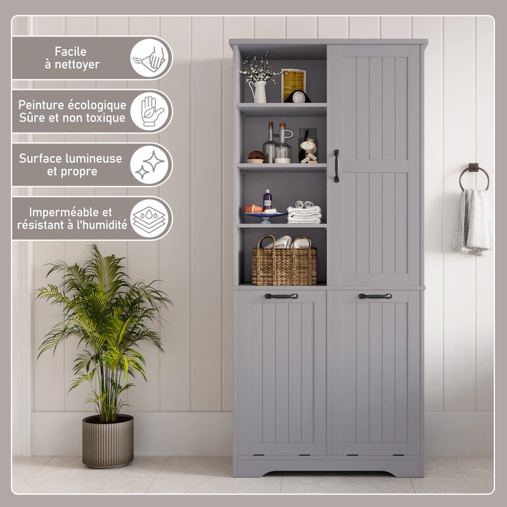 Armadietto da bagno con cesti portabiancheria e ripiani regolabili per bagno in MDF grigio 78 × 35 × 172 cm