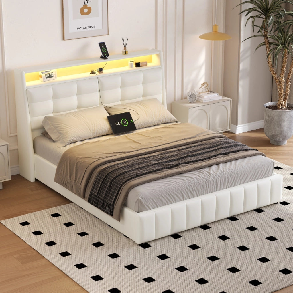 Letto piattaforma matrimoniale 160x200 cm con LED; USB; contenitore e testiera regolabile; bianco