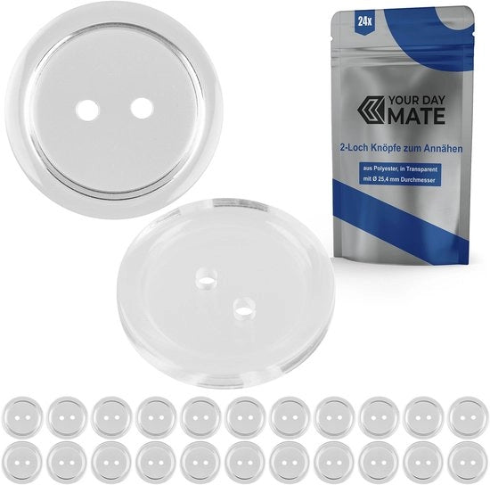 Punti per abbigliamento, 24 pezzi, 2 fori, Ø 25,4 mm, trasparenti, di poliestere, misura 40L, punti per giacche, cappotti, camicie, polos, punto di base, punto per DIY, punto di hars, punto per lavatrice, punti per cucito