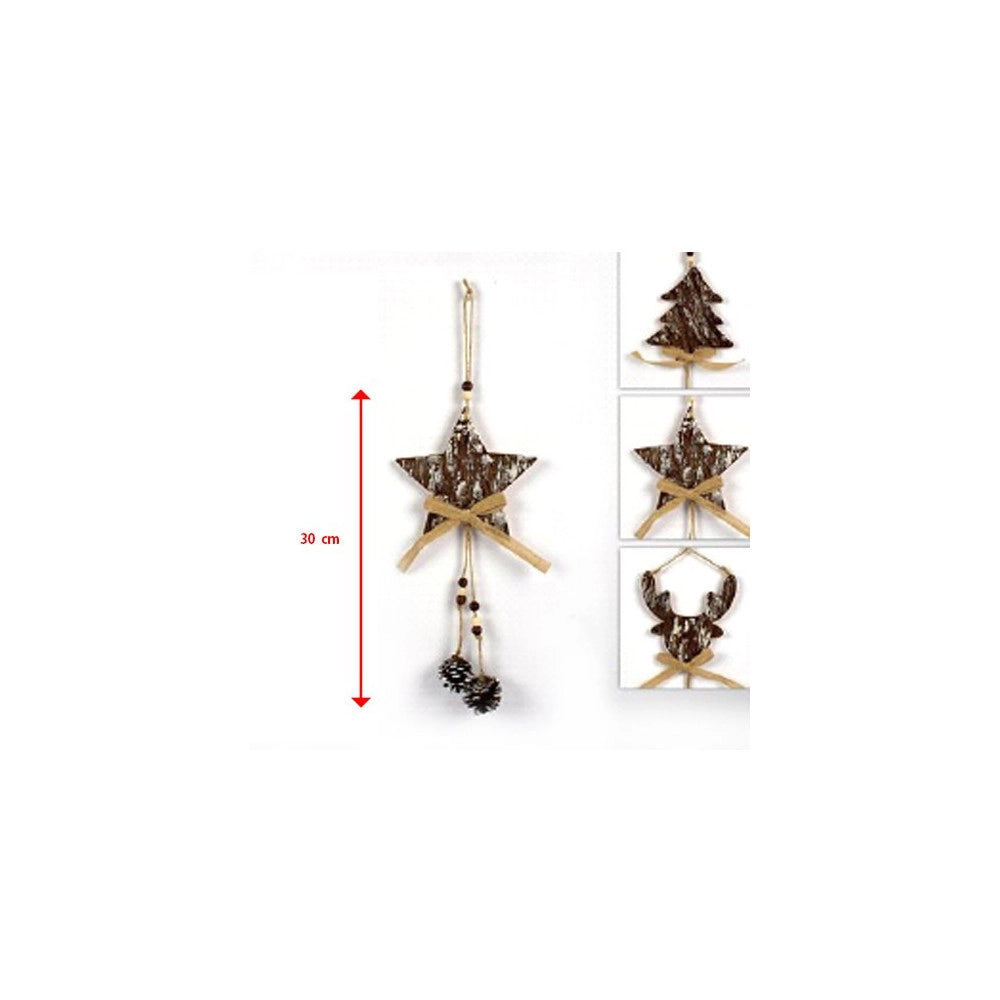 Trade Shop - 3 Appendini Natale Corteccia Legno Con Pigne Fiocco Stella Albero Alce -