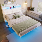 Letto matrimoniale 140 × 190 cm con LED, USB e Type-C, 2 comodini estraibili, senza materasso, in metallo, bianco